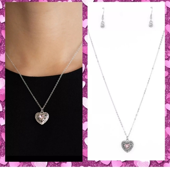 paparazzi Jewelry - NWT Sparkling pink heart and white stone, silver tone necklace and earring